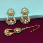 Green Color Kundan Earrings With Maang Tikka