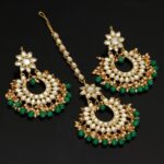 MAYURI - Green Color Kundan Earrings With Maang Tikka