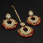 MAYURI - Maroon Color Kundan Earrings With Maang Tikka
